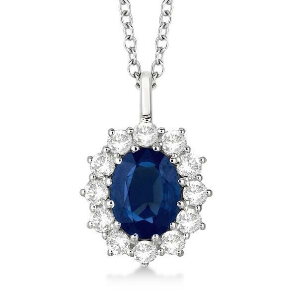 9x7mm Oval Simulated Sapphire &amp; Diamond Halo Pendant Necklace Sterling S... - $28.04