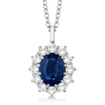 9x7mm Oval Simulated Sapphire &amp; Diamond Halo Pendant Necklace Sterling Silver - £21.90 GBP