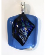 Blue Fused Glass w/ Metallic Accents Necklace Pendant - £9.50 GBP