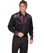 Men&#39;s Western Shirt Long Sleeve Rockabilly Country Cowboy Black Floral - £69.84 GBP