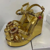 Red Diamond Platfrom Sandals Woman Open Toe Gold Leather Rhinestone  High Heels  - £133.94 GBP