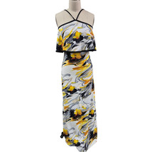 70s Vtg Leslie J  Halter Dress Blk/Wht/Yellow Watercolor Floral Maxi S - $78.41