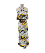 70s Vtg Leslie J  Halter Dress Blk/Wht/Yellow Watercolor Floral Maxi S - $78.41
