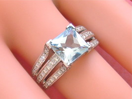 Estate 2ct Square Aquamarine 1.16ctw Diamond Triple Band Wht 18K Cocktail Ring - $1,880.01