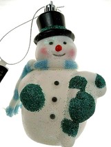 Snowman Hanging Christmas Tree Ornament Blue Scarf Glitter Bling Joyful ... - £9.47 GBP