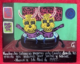 Mexican Folk Art Skeleton Devils In Hot Tub Painted Tin Ex Voto Retablo - $35.00