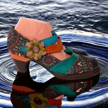 Socofy Mary Jane Shoes Sz 10.5 Heels Retro Bohemian Floral Leather Colorful Boho - £40.18 GBP