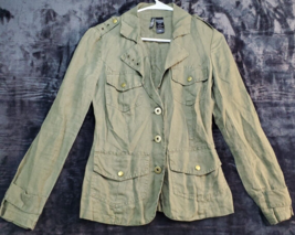 BISOU BISOU Jacket Womens XS Green 100% Linen Long Sleeve Pockets Button Front - £12.87 GBP