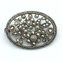 CUTOUT FLOWER sterling silver marcasite brooch - vintage daisy ornate oval pin - £27.97 GBP