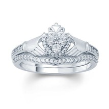 1/3 Ct Round White Moissanite Claddagh Bridal Ring Set In 14K White Gold Plated - £77.18 GBP