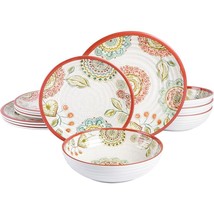 Laurie Gates Brick Floral Ripple 12 Piece Melamine Dinnerware Set in Red - $71.51