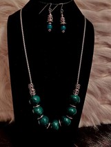 Teal and Dark Silvertone Tribal Style Necklace Set - Unsigned - $22.00