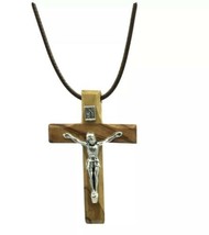 Wood Olive Cross Crucifix Pendant Necklace Made in Holy Land Bethlehem J... - £11.07 GBP