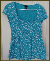 Susan Lawrence Tropical Blue White Floral Ruched Low Front Top Blouse M - £9.06 GBP