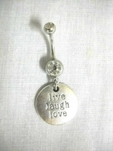 New Slogan Text Live Laugh Love Round Disc Charm On Clear Cz Belly Ring Barbell - $5.99