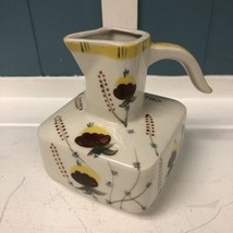 Vtg Square 6” Ceramic Pitcher Hand Painted Flowers Yellow Burgundy Drsssing - £13.40 GBP
