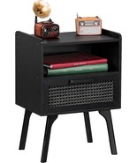 Lerliuo Rattan Nightstand, Side Table With Drawer Open Shelf, Cane Accen... - £32.24 GBP