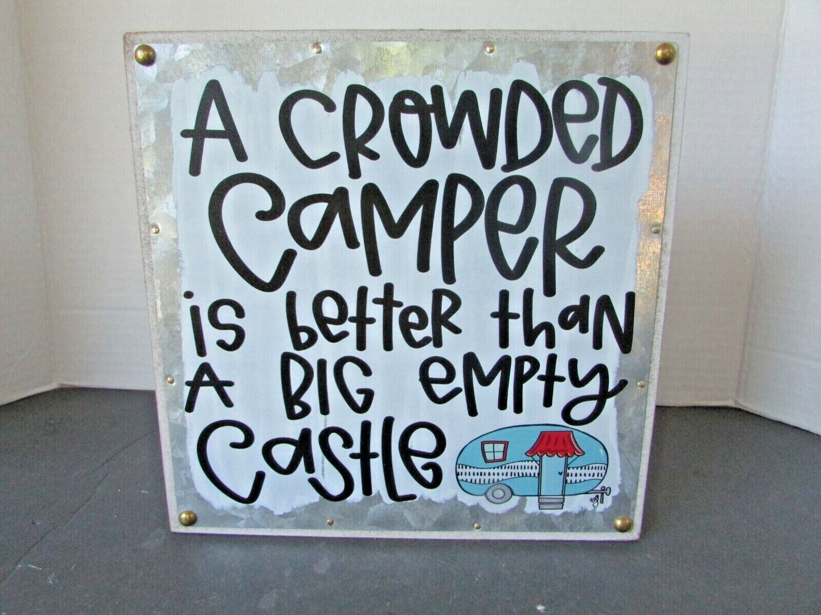 Primary image for SHELF PLAQUE RV CAMPER A CROWDED CAMPER... METAL WOOD  8" NEW CAMPING