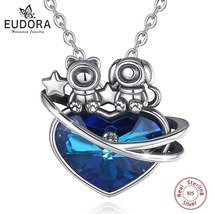 925 Sterling Silver Space Cat and Dog Pendant Blue Crystal Heart Necklace Vintag - £41.49 GBP