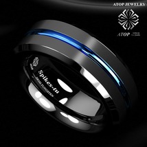 8mm Men&#39;s Wedding ring Tungsten Carbide Ring Black Brushed Blue Stripe  - £22.37 GBP