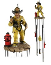 In Line of Duty Yellow Suit Fireman By Red Fire Hydrant Wind Chime Garde... - £26.37 GBP