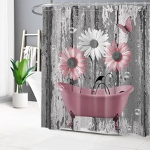 Pink And Gray With Hooks Daisy Flower In Bathtub And Butterfly On Rustic Wood Sh - $32.99