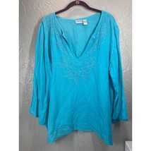 Chico&#39;s Blue Cotton Embroidered Floral V Neck Long Sleeve Blouse Size 3 ... - $19.95