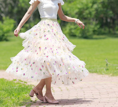 A-line Floral Tiered Tulle Skirt Outfit Women Plus Size Ivory Tulle Midi Skirt image 5