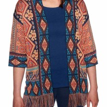 Ruby Rd Go West Multicolor Jacquard Fringe Hem Open Cardigan NWT - £33.84 GBP