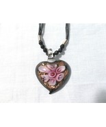Black Bronze and Pink Glass Heart Pendant 16&quot; 4 Strand Black Cord with C... - $11.93 CAD