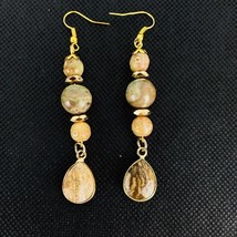 Leopard Skin Jasper Beige Stones Tear Drop Dangle Earrings Gold Tone Handmade  - £23.97 GBP