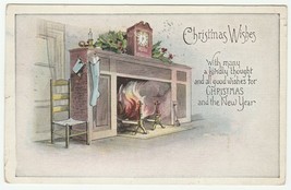 Vintage Postcard Christmas Fireplace Stocking Clock Holly 1923 - £5.44 GBP