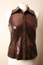 Clara Sun Woo S Brown Square Sequin Sleeveless Button Front Going Out Top Blouse - £18.66 GBP