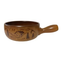 Folk Art Swiss Pottery Fondue Pot Server Mountain Stenciled Design Brown... - $39.59