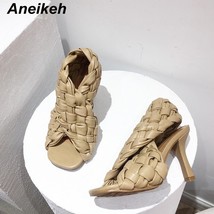 Aneikeh Sexy Femmes Cross Woven PU Fabric Sandales Summer Peep Toe High Heel Fas - £38.92 GBP