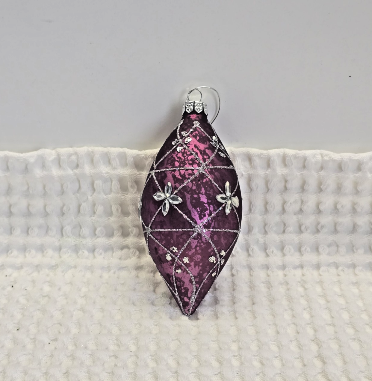 Purple Glass Teardrop Silver Glitter and Gems Indoor Christmas Tree Orna... - $18.99