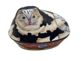 Cat Trinket Jar Cloisonne Metal Oval Container 3&quot; Abstract Art Painted B... - £14.38 GBP