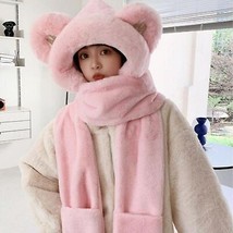 Pinky Bear Plush Handwarmer Scarf Hat Combo | Women Winter Wrap #1255 - £27.24 GBP