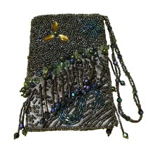 Chico&#39;s Beaded Evening Clutch Purse With Floral Design &amp; Bead Fringe - $14.40