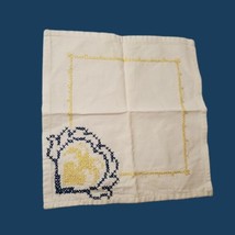 9&quot; Blue Heart Flower Napkin Cross Stitched Embroidered Hanky Handkerchief Vtg - £7.80 GBP