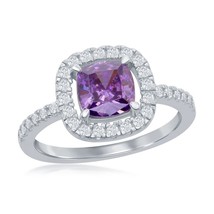 Sterling Silver White CZ Square Ring - Amethyst - £31.13 GBP
