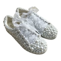 Pearl Encrusted Shoes Pink Bride Rhinestones On Back White Lace Worn Once - $27.35