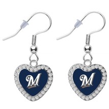 New Milwaukee Brewers MLB Baseball Crystal Heart Earrings Pierced Dangle - £15.53 GBP