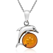 Leaping Dolphin Over an Orange Amber Stone Sterling Silver Pendant Necklace - £22.85 GBP