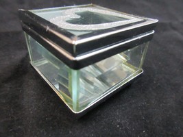 Beveled Hinged Ring Trinket Box Chrome Glass Etched Heart Top Mirrored Bottom - £11.65 GBP