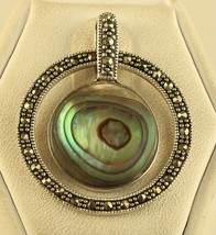 Vintage Sterling Silver 925 Abalone Shell and Marcasite Round Dangle Pendant - £33.52 GBP