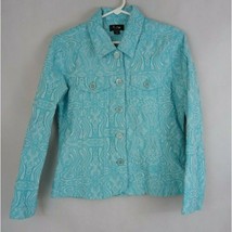 Analogy Petite Women&#39;s Light Blue Jacket Blazer W/ Embroidered Retro Des... - £12.87 GBP