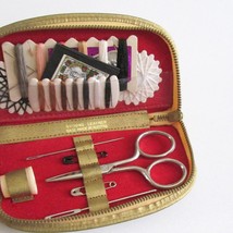Vintage Sewing Kit Gold Zipper Case Ground Leather Made In Austria - £14.00 GBP