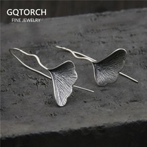 Real Pure 925 Sterling Silver Long Earrings With Ginkgo Leaves Vintage Thai Silv - £29.25 GBP