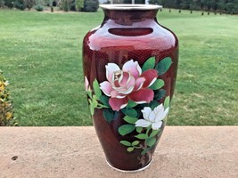 CLOISONNÉ Vase Marked Sterling Silver Maroon Floral 7 1/4” Japanese Fine Enamel - $327.25